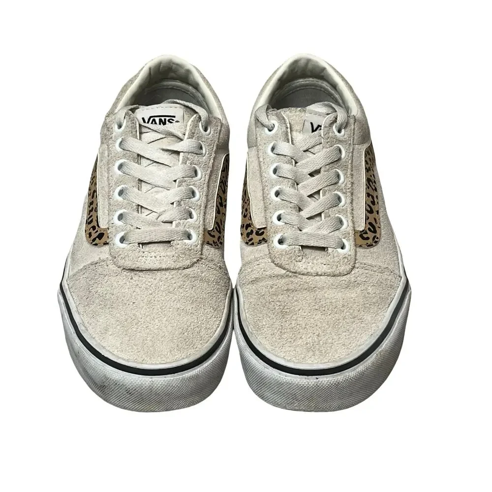 VANS Women 8.5 Sneakers Low Top Cream‎ Suede Leopard Old Skool Lace Up Skate